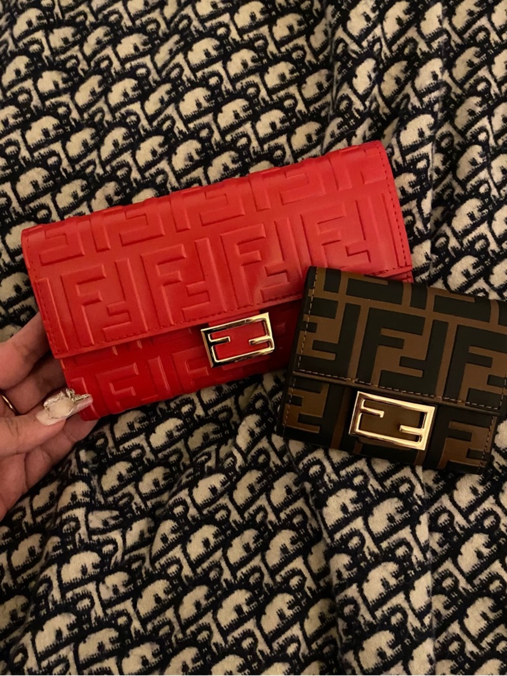 Fendi Red Embossed Wallet on chain with Gold-Tone Clasp and short wallet